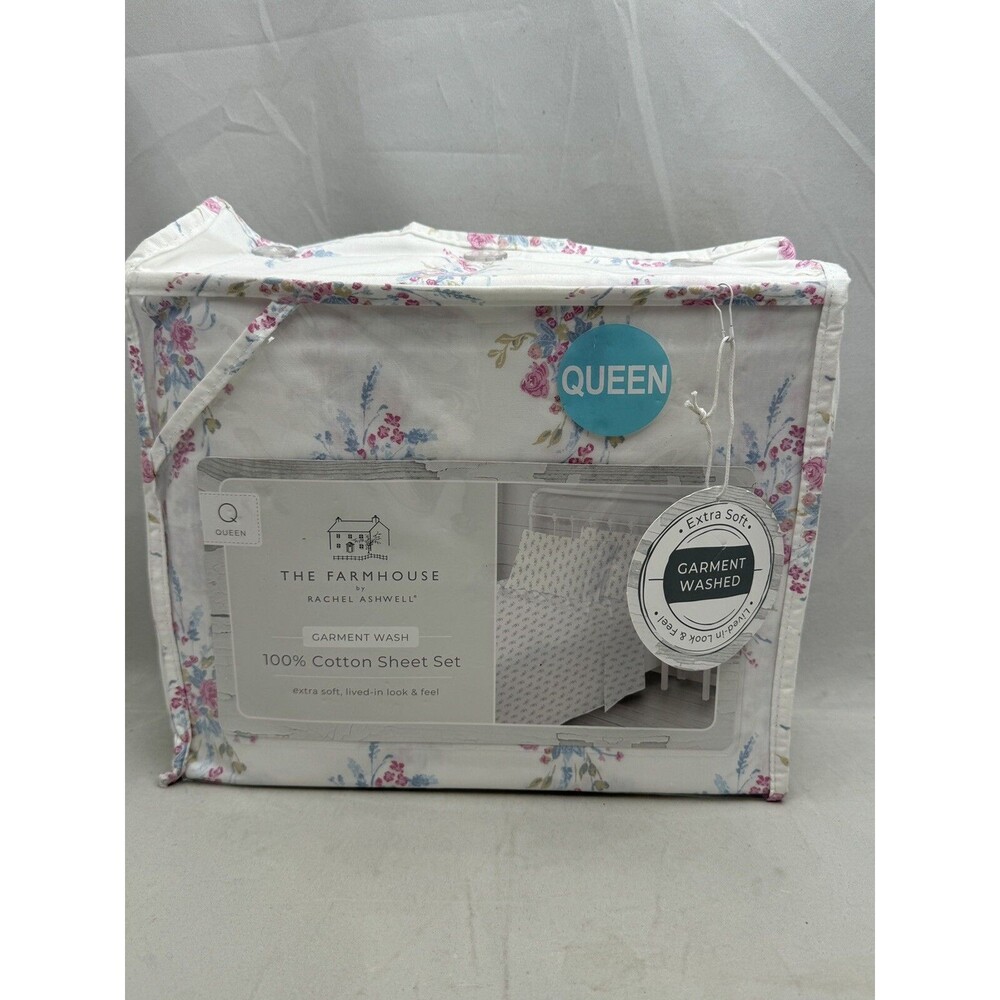 The Farmhouse by Rachel Ashwell Shabby Chic Blue Pink Floral Sheet Set Queen